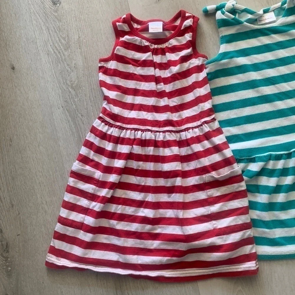 Hanna Andersson Girls Striped Dress Lot 2 Red Teal White Cotton Terry Size 6-7